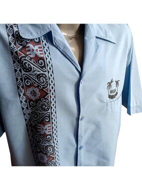 True Vintage Hawaiian Shirt XL Fiji Tribal Print Beach Summer 1980's Baby Blue